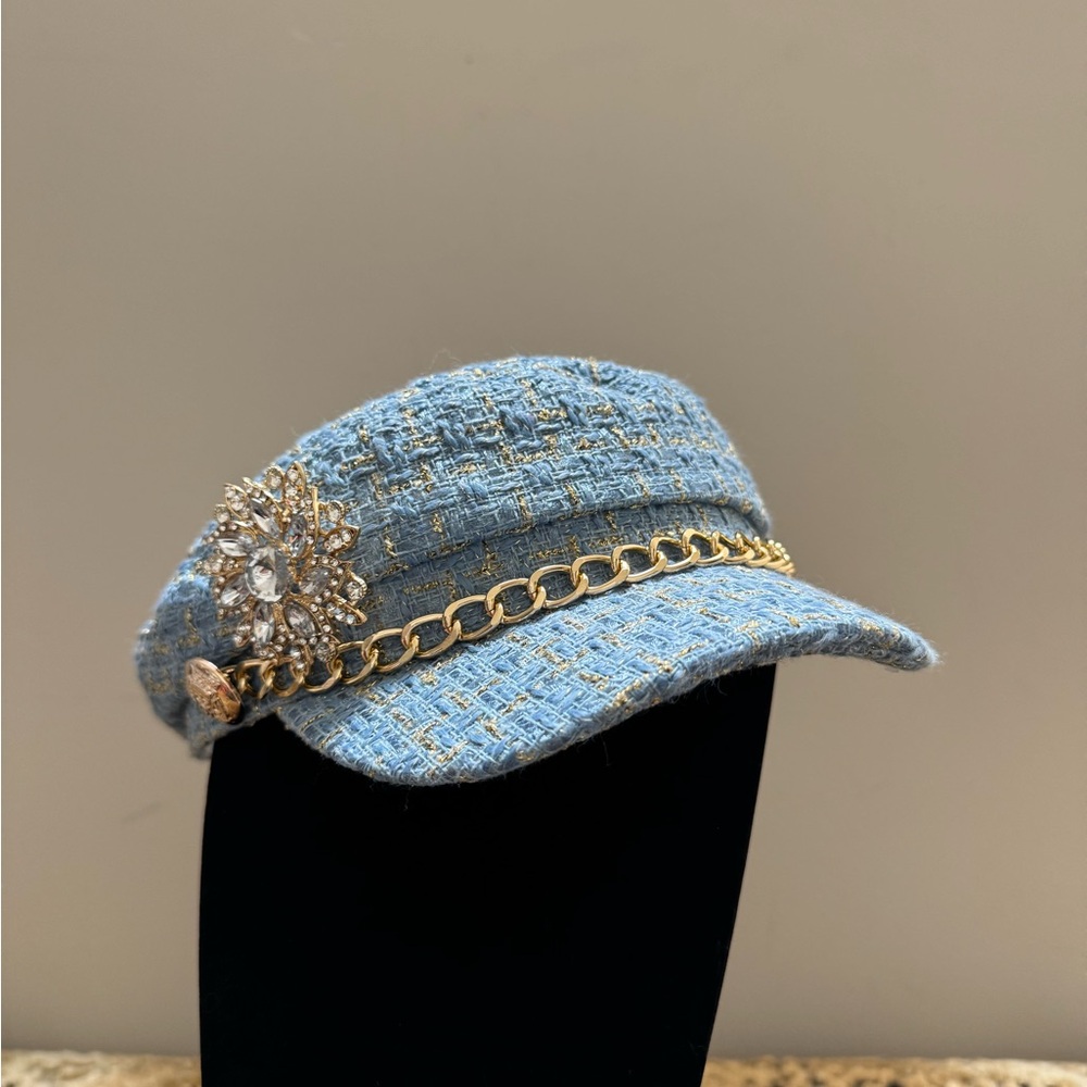 Newsboy Cap Blue & Gold Tweed with Gold Chain and Crystal Brooch, adjustable. - Picture 3 of 5